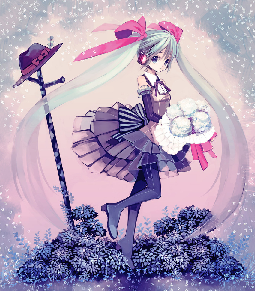 amezawa_koma aqua_hair bad_id bad_pixiv_id boots bouquet bush flower hair_ribbon hat hatsune_miku headset highres legs long_hair ribbon solo thigh_boots thighhighs twintails very_long_hair vocaloid