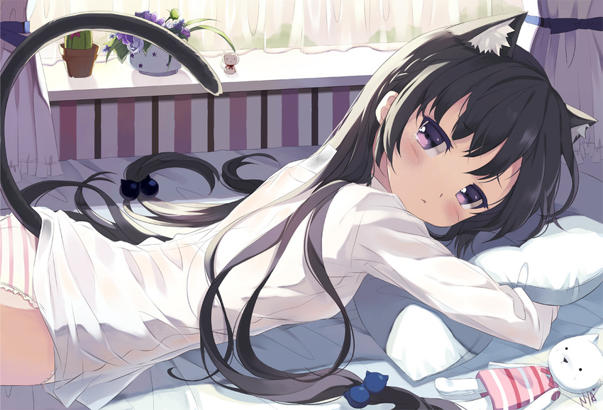 animal_ears bad_id bad_pixiv_id black_hair cactus cat_ears cat_tail flower_pot hair_bobbles hair_ornament long_hair lying nyanya on_bed original panties pillow purple_eyes shirt solo striped striped_panties stuffed_animal stuffed_toy tail tears underwear white_shirt