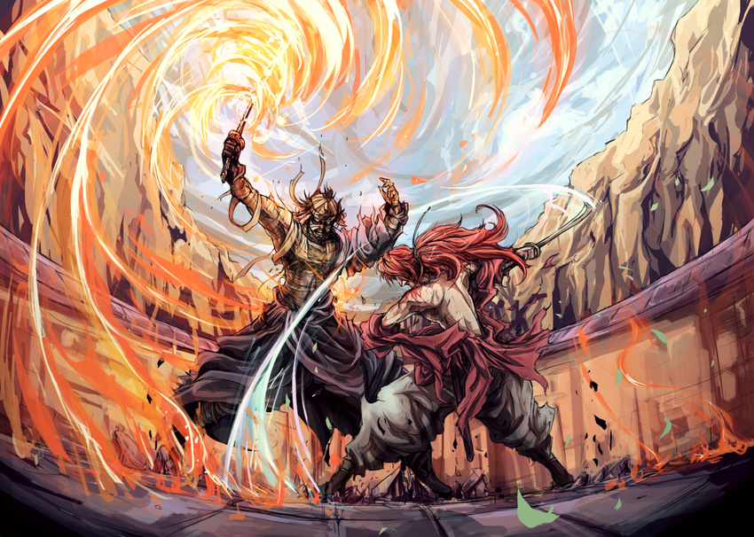 arena attack bad_id bad_pixiv_id bandages banned_artist battle blood duel epic fire from_behind highres himura_kenshin injury japanese_clothes kimono kurkoboltsi male_focus mountain multiple_boys ponytail red_hair rurouni_kenshin scabbard sheath shishio_makoto sky sword torn_clothes weapon white_eyes