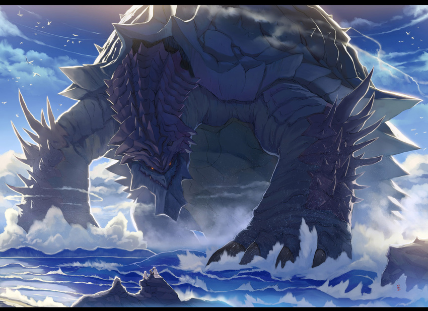 1girl armor bird cloud epic highres monster ocean original rock scenery shell sky turtle water waves zhen_lu