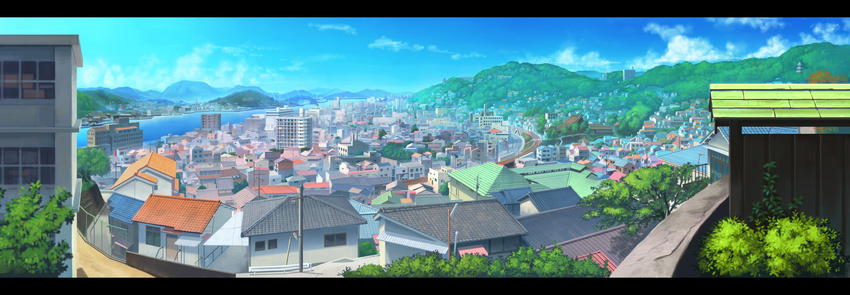 bad_pixiv_id bush cityscape cloud day forest highres landscape mir_(bluendorange) nature no_humans onomichi_(city) original real_world_location river scenery sky tree