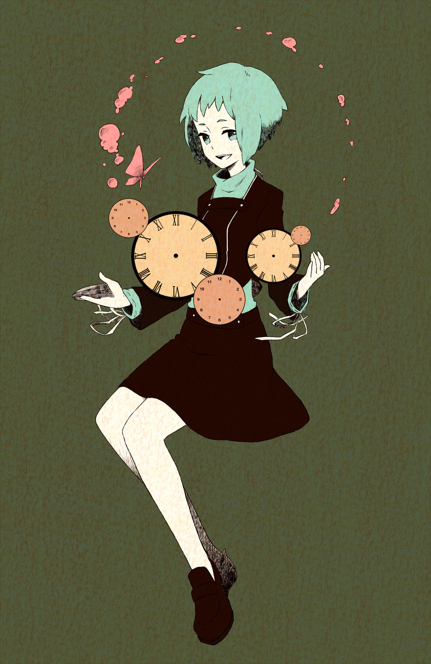 aqua_eyes aqua_hair bad_id bad_pixiv_id bubble bug butterfly clock highres insect loafers open_mouth pantyhose persona persona_3 punisen shoes short_hair smile solo white_legwear yamagishi_fuuka