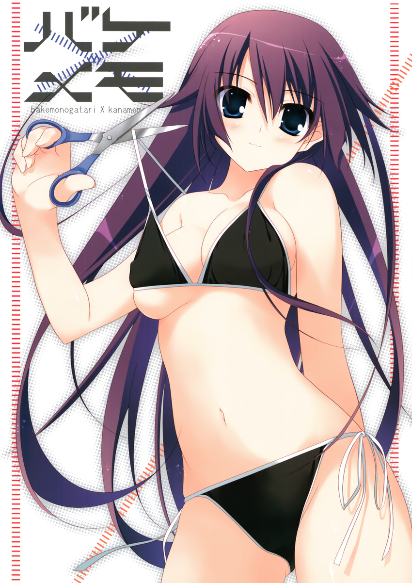 absurdres arm_behind_back ass_visible_through_thighs bakemonogatari bangs bikini bikini_lift black_bikini blue_eyes blush breasts chikotam cleavage closed_mouth collarbone contrapposto copyright_name cover cover_page covered_nipples cowboy_shot doujin_cover eyebrows_visible_through_hair hair_between_eyes hair_over_shoulder halftone hand_up head_tilt highres holding holding_scissors lifted_by_self light_smile long_hair looking_at_viewer medium_breasts monogatari_(series) navel non-web_source outline purple_hair scan scissors senjougahara_hitagi side-tie_bikini sideboob smile solo standing straight_hair strap_lift string_bikini swimsuit underboob very_long_hair white_background