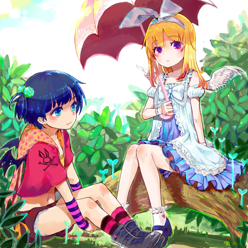 angel_and_devil angel_wings ankle_boots blue_hair boots bow demon_wings dress frills hair_bobbles hair_bow hair_ornament heart highres leaf leg_hug mary_janes midriff multicolored multicolored_eyes multiple_girls navel orange_hair original plant shoes short_hair shorts sitting socks soono_(rlagpfl) striped umbrella wings