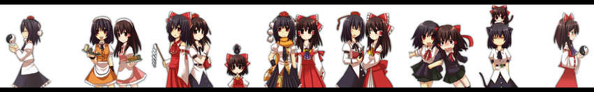 absurdres ame_(candycircle) animal_ears blush cat_ears cat_tail chibi contemporary cosplay costume_switch hakurei_reimu highres kemonomimi_mode long_image multiple_girls school_uniform shameimaru_aya tail touhou waitress wide_image yin_yang yuri