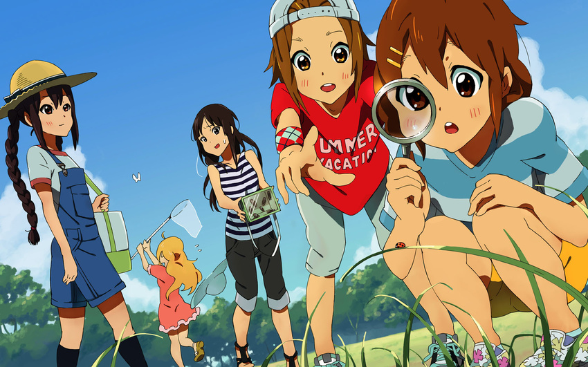 akiyama_mio bad_id bad_pixiv_id bag baseball_cap black_hair blonde_hair blush braid brown_eyes brown_hair bug butterfly_net casual dress grass hair_ornament hairclip hand_net hat highres hirasawa_yui insect k-on! kneehighs kotobuki_tsumugi ladybug leaning long_hair magnifying_glass multiple_girls nakano_azusa open_mouth overalls pointing round_teeth short_hair smile socks squatting straw_hat striped tainaka_ritsu teeth twin_braids wallpaper