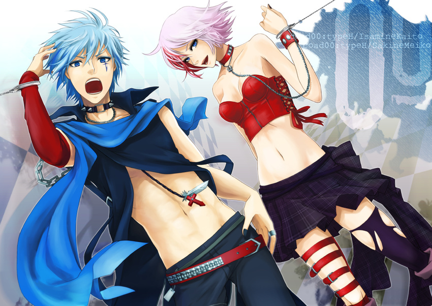 1girl belt blue_eyes blue_hair blue_nails bustier chain choker cuffs feathers hagane_vocaloid handcuffs isamine_kaito jewelry kaito lingerie meiko midriff momopanda multicolored_hair nail_polish navel open_mouth pink_hair ring sakerune_meiko single_thighhigh skirt spikes tattoo thighhighs torn_clothes torn_legwear two-tone_hair underwear vocaloid wrist_cuffs