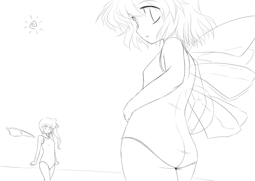 ass bad_id bad_pixiv_id cirno daiyousei greyscale highres kakkou lineart monochrome multiple_girls one-piece_swimsuit swimsuit touhou wings