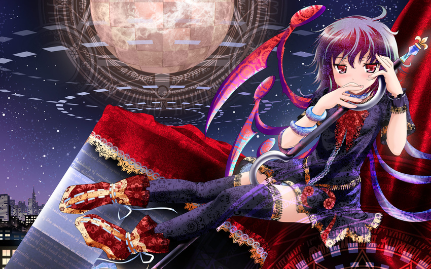 black_hair highres houjuu_nue namamo_nanase polearm red_eyes sitting solo thighhighs touhou trident weapon wings