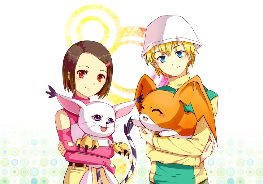 1girl blonde_hair blue_eyes brown_hair digimon digimon_adventure_02 gloves green_shirt hair_ornament hairclip hat heiyi monster patamon shirt short_hair smile tail tailmon takaishi_takeru yagami_hikari