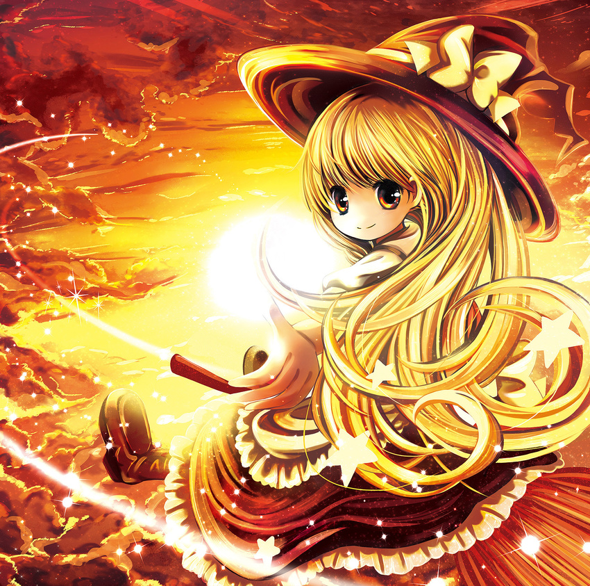 apron beckoning blonde_hair bow broom broom_riding catbell cloud hat highres kirisame_marisa long_hair looking_back no_nose outstretched_arm sky smile solo sparkle star sunset touhou witch_hat yellow yellow_eyes