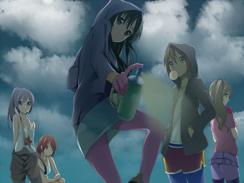 akiyama_mio black_eyes black_hair blonde_hair blue_eyes brown_eyes brown_hair bubble_blowing casual chewing_gum cloud from_below gloves hair_down highres hirasawa_yui hood hoodie k-on! kotobuki_tsumugi legwear_under_shorts long_hair looking_back multiple_girls nakano_azusa no_thank_you! pantyhose piiko_(aa_doushiyou) ponytail purple_eyes short_hair shorts sky spray_can tainaka_ritsu twintails wallpaper yellow_eyes