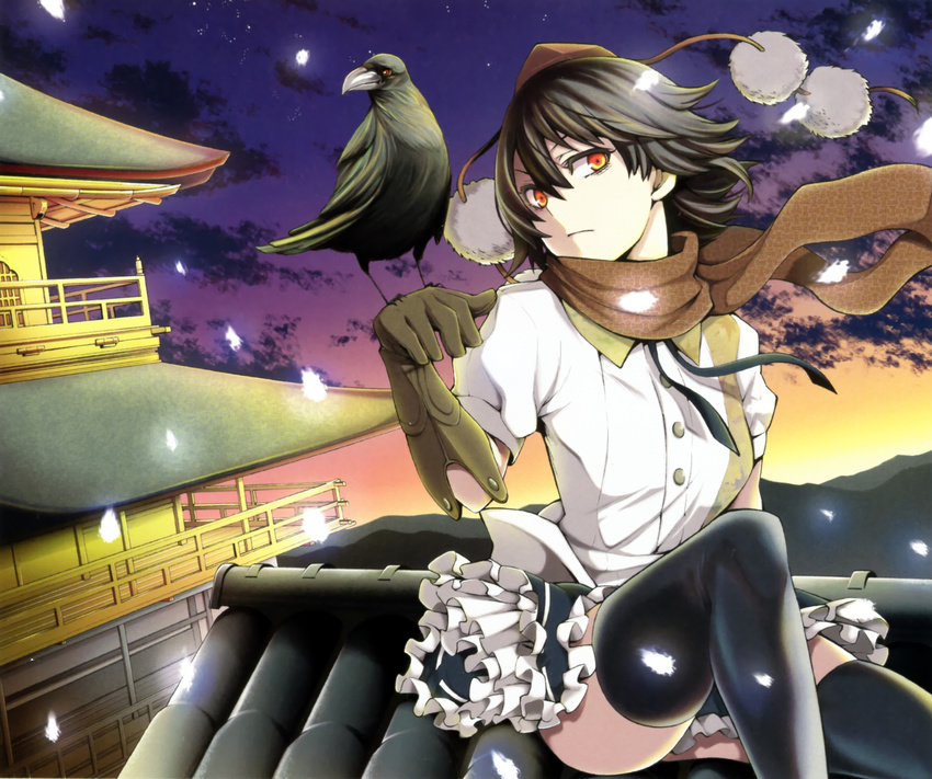 architecture bird bird_on_hand black_hair black_legwear crow east_asian_architecture expressionless gloves hat highres kinkaku-ji looking_at_viewer pagoda red_eyes scarf shameimaru_aya short_hair sitting skirt sky solo thighhighs tokin_hat touhou uousa-ou zettai_ryouiki