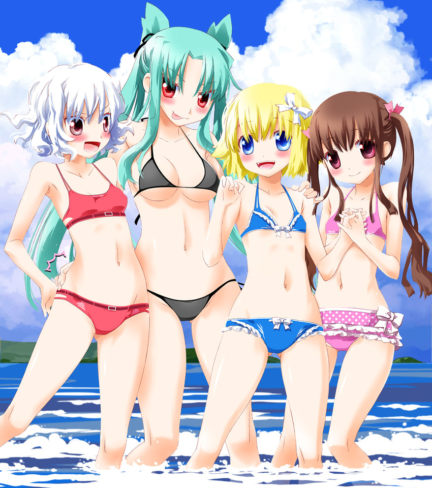 bad_id bad_pixiv_id bikini blonde_hair blue_eyes brown_hair child flat_chest frills green_hair highres holding_hands long_hair multiple_girls noto_(soranoto) original red_eyes short_hair swimsuit twintails wavy_hair white_hair