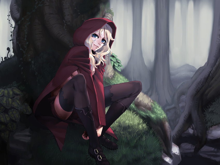 blonde_hair blue_eyes boots cozy forest hood hooded_jacket jacket legs lips nature no_bra original roots shorts sitting solo thighhighs tree