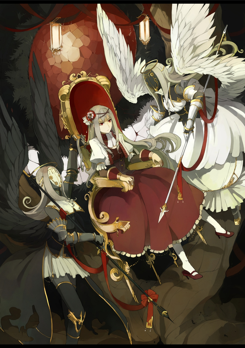 absurdres angel armor dress eryngii_yoko faceless flower grey_hair hair_flower hair_ornament halo highres multiple_girls original polearm red_eyes shoe_dangle sitting spear throne weapon wings