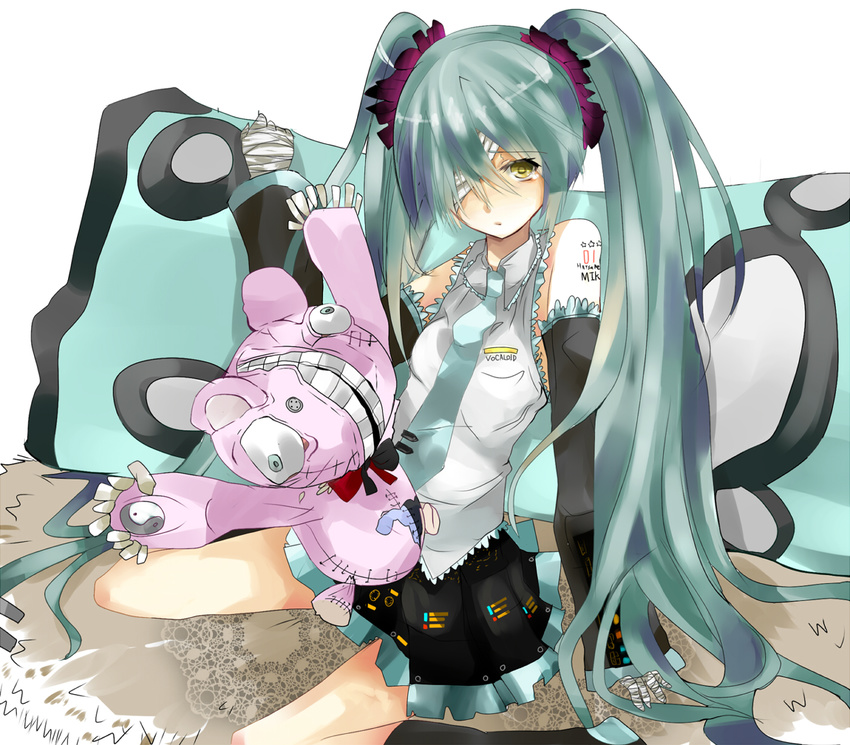 aqua_hair arm_support bandage_over_one_eye bandages detached_sleeves hatsune_miku highres kneehighs long_hair miyu_rekuto necktie sitting skirt socks solo stuffed_animal stuffed_toy tsumi_to_batsu_(vocaloid) twintails very_long_hair vocaloid wariza yellow_eyes yin_yang