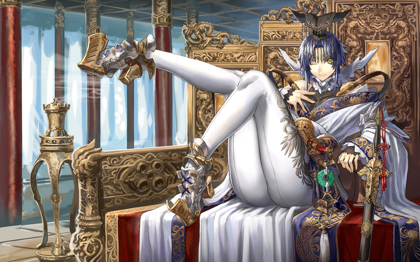 armor bare_shoulders belt censer chinese_clothes dragon hat incense jewelry knees_up leaning_back leg_up legs mian_guan one_eye_closed original ran'ou_(tamago_no_kimi) sheath sitting smoke solo sword thighs throne wallpaper weapon yellow_eyes