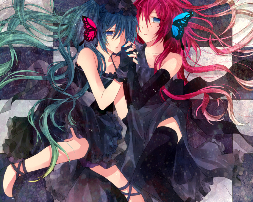akatsuki_(4941086) bad_id bad_pixiv_id blue_nails butterfly_hair_ornament butterfly_wings dress elbow_gloves fingerless_gloves gloves hair_ornament hair_over_one_eye hat hatsune_miku holding_hands long_hair magnet_(vocaloid) megurine_luka multiple_girls nail_polish thighhighs top_hat very_long_hair vocaloid wings