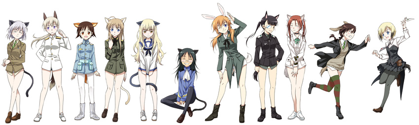 6+girls agahari alternate_hairstyle animal_ears bespectacled black_legwear blush bow bow_panties cat_ears charlotte_e_yeager charlotte_e_yeager_(cosplay) closed_eyes cosplay costume_switch dog_ears eila_ilmatar_juutilainen eila_ilmatar_juutilainen_(cosplay) erica_hartmann erica_hartmann_(cosplay) everyone francesca_lucchini francesca_lucchini_(cosplay) gertrud_barkhorn gertrud_barkhorn_(cosplay) glasses hair_down highres legs lynette_bishop lynette_bishop_(cosplay) minna-dietlinde_wilcke minna-dietlinde_wilcke_(cosplay) miyafuji_yoshika miyafuji_yoshika_(cosplay) multiple_girls no_panties open_mouth panties pantyhose perrine_h_clostermann perrine_h_clostermann_(cosplay) ponytail sakamoto_mio sakamoto_mio_(cosplay) sanya_v_litvyak sanya_v_litvyak_(cosplay) smile strike_witches tail underwear uniform white_legwear white_panties world_witches_series