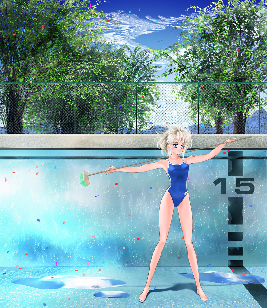 blonde_hair blue_eyes broom chain-link_fence confetti empty_pool fence highres landscape legs one-piece_swimsuit original pool school_swimsuit short_hair solo suika_m swimsuit tree