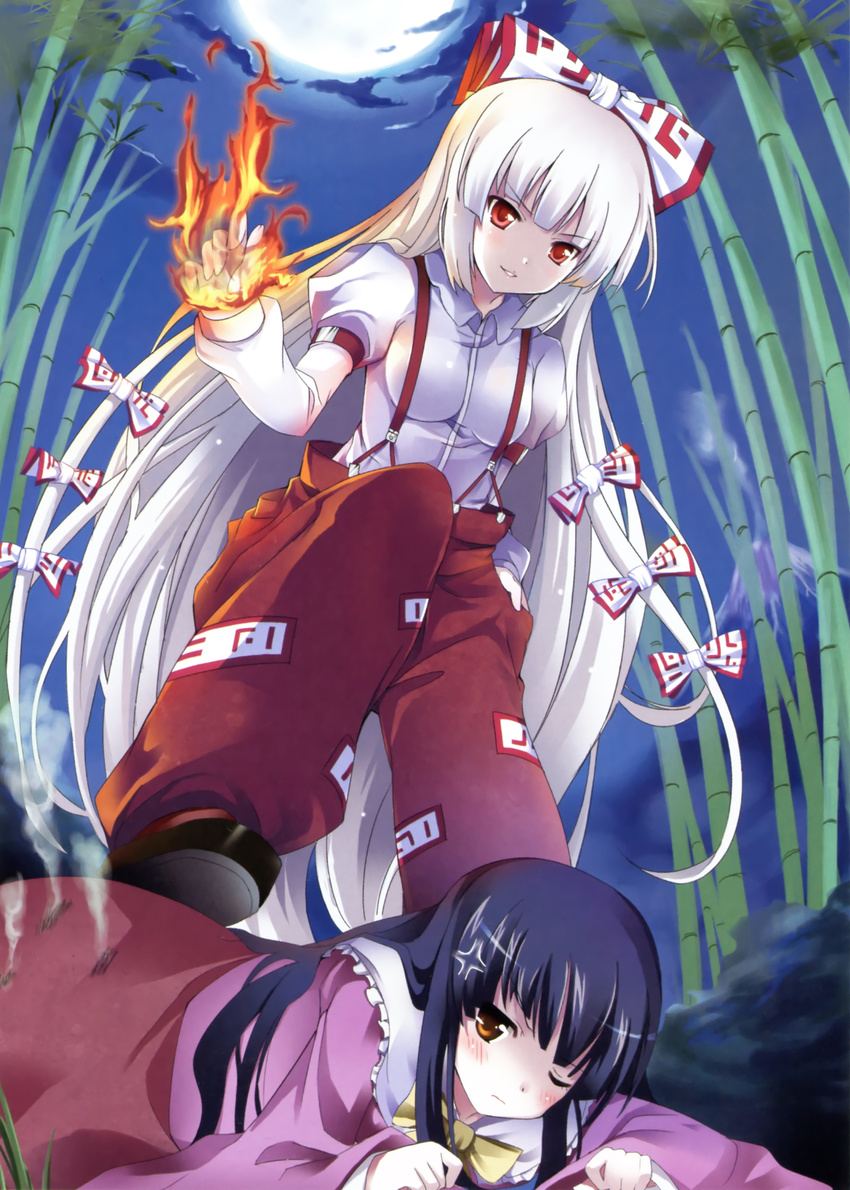 &gt;:( :&gt; :d ;( absurdres anger_vein angry annoyed bamboo bamboo_forest bangs black_hair blunt_bangs bow bowtie breasts brown_eyes burning_hand cloud dress fire forest frown fujiwara_no_mokou full_moon hair_bow hand_in_pocket highres hime_cut houraisan_kaguya impossible_clothes impossible_shirt long_hair looking_down lying medium_breasts moon multiple_girls nature night night_sky on_floor on_stomach open_mouth outdoors pants puffy_sleeves red_eyes ribbon shirt shoes silver_hair skirt sky smile smoke stepped_on straight_hair suspenders tomusooya touhou v-shaped_eyebrows very_long_hair white_hair