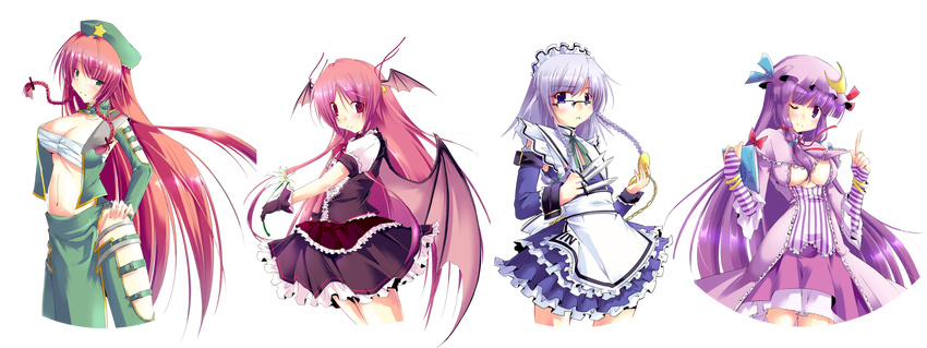 bespectacled breasts cleavage glasses head_wings highres hong_meiling image_sample izayoi_sakuya koakuma long_hair medium_breasts multiple_girls one_eye_closed patchouli_knowledge pixiv_sample red_hair sesield touhou transparent_background very_long_hair