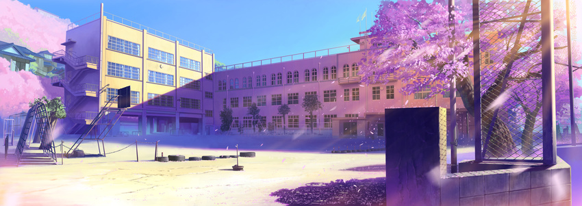 bad_id bad_pixiv_id blue_sky chain-link_fence cherry_blossoms copyright_request day fence highres mir_(bluendorange) no_humans onomichi_(city) outdoors petals playground purple real_world_location scenery school school_yard shadow sky tire