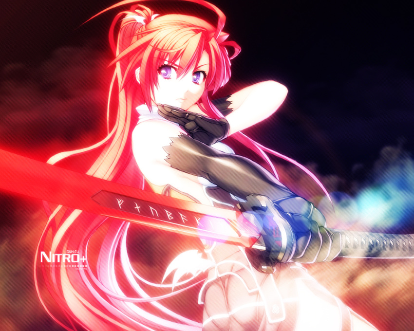 ahoge ass elbow_gloves gloves ignis jingai_makyou jingai_makyou_(chaos_gate) katana long_hair nishii_(nitroplus) nitroplus panties ponytail purple_eyes red_hair see-through sword tied_hair transparent_clothes underwear wallpaper weapon