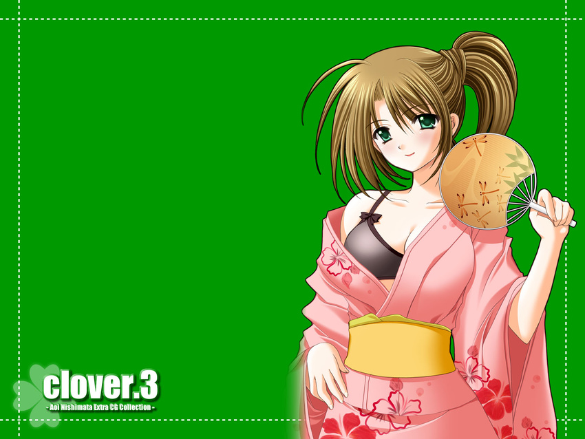 animal_print artist_name black_bra blush bow bow_bra bra breasts brown_hair bug cleavage clover_(game_cg) copyright_name dragonfly dragonfly_print fan floral_print green_background green_eyes hand_on_hip highres holding holding_fan insect japanese_clothes kimono large_breasts looking_at_viewer nishimata_aoi obi off_shoulder paper_fan pink_kimono sash side_ponytail simple_background smile solo uchiwa underwear wallpaper yukata