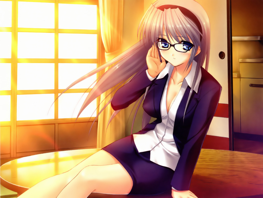 blue_eyes blush breasts business_suit clannad cleavage door female formal fumio fumio_(ura_fmo) glasses gray_hair grey_hair hairband highres indoors jacket key legs long_hair megane miniskirt sakagami_tomoyo shadow silver_hair skirt solo suit sunset tomoyo_after tomoyo_after_~it's_a_wonderful_life~ window