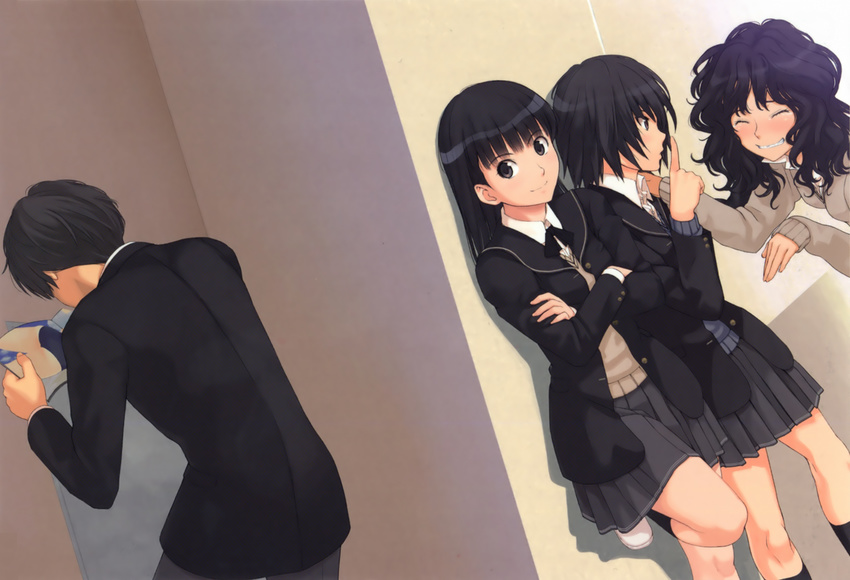 amagami ass ayatsuji_tsukasa black_eyes black_hair black_jacket blazer blue_buruma blush brown_eyes buruma caught closed_eyes grin highres jacket kibito_high_school_uniform kneehighs long_hair long_sleeves magazine messy_hair multiple_girls nanasaki_ai pleated_skirt school_uniform shoes short_hair skirt smile socks sweater tachibana_jun'ichi takayama_kisai tanamachi_kaoru uwabaki wavy_hair