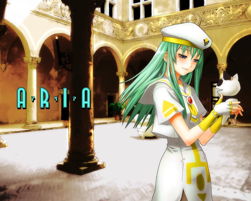 alice_carroll aria blue_eyes cat copyright_name courtyard dress fingerless_gloves gloves green_hair hat long_hair looking_at_another orange_planet_uniform president_maa solo soshina_nohito standing uniform wallpaper