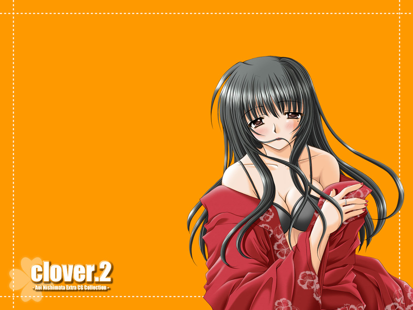 artist_name bangs black_bra black_hair blush bra breasts brown_eyes cleavage clover_(game_cg) collarbone copyright_name floral_print hair_in_mouth half-closed_eyes highres japanese_clothes jewelry kimono lipstick long_hair long_sleeves looking_at_viewer makeup medium_breasts mole mole_under_eye nail_polish nishimata_aoi off_shoulder open_clothes open_kimono orange_background red_nails ring shiny shiny_hair simple_background solo underwear upper_body wallpaper