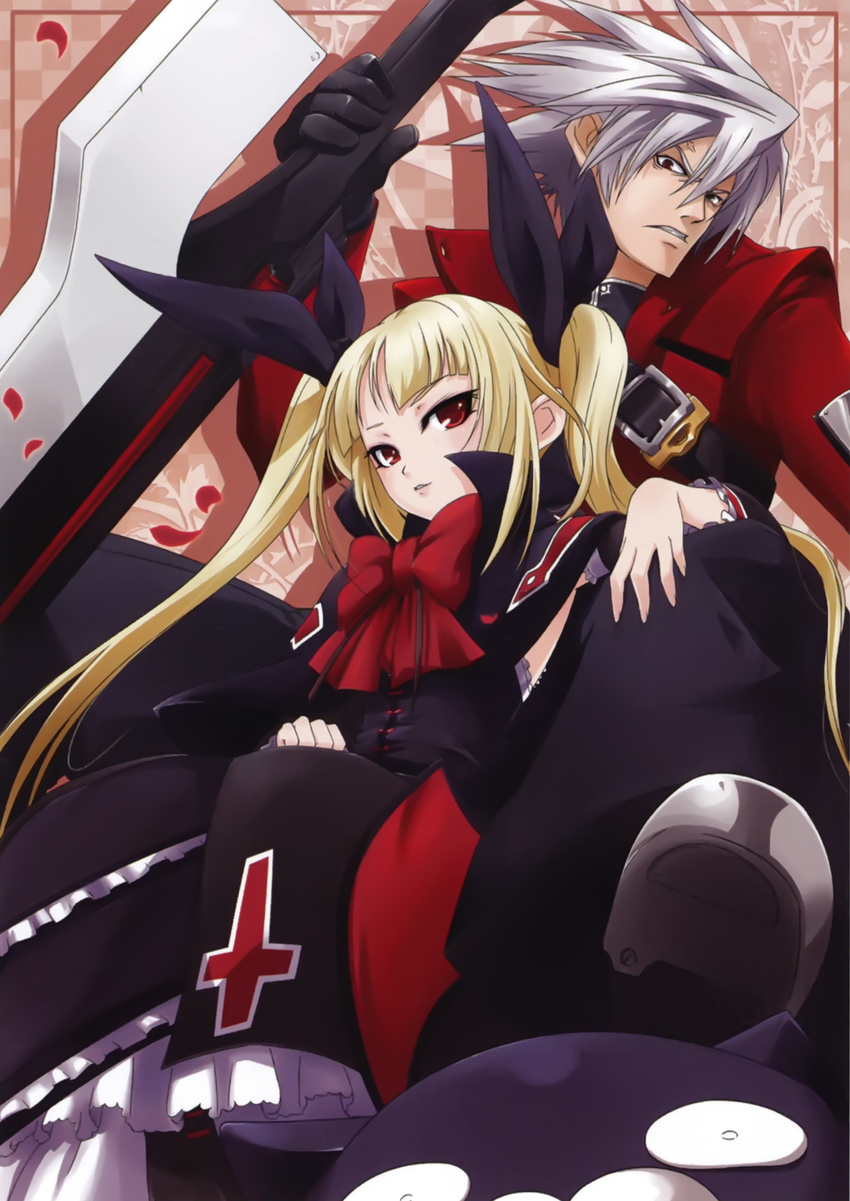 1girl blazblue blazblue:_calamity_trigger blonde_hair bow frills grey_hair hair_ribbon highres mori_toshimichi nago official_art rachel_alucard ragna_the_bloodedge red_bow red_eyes ribbon sword twintails weapon