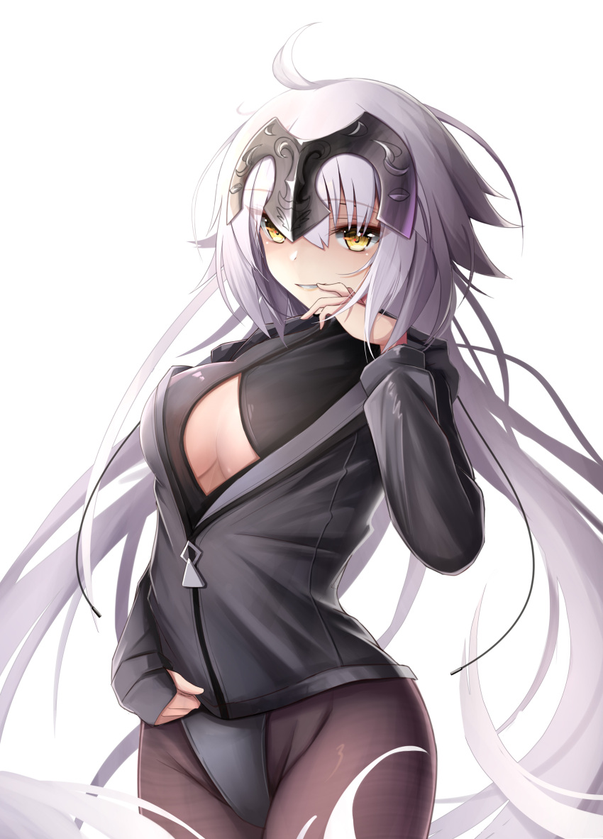 1girl a_shui absurdres bangs black_jacket breasts brown_legwear fate/grand_order fate_(series) grey_leotard headpiece highleg highleg_leotard highres jacket jeanne_d'arc_(alter)_(fate) jeanne_d'arc_(fate) large_breasts leotard long_hair long_sleeves looking_at_viewer pantyhose silver_hair smile solo very_long_hair yellow_eyes zipper