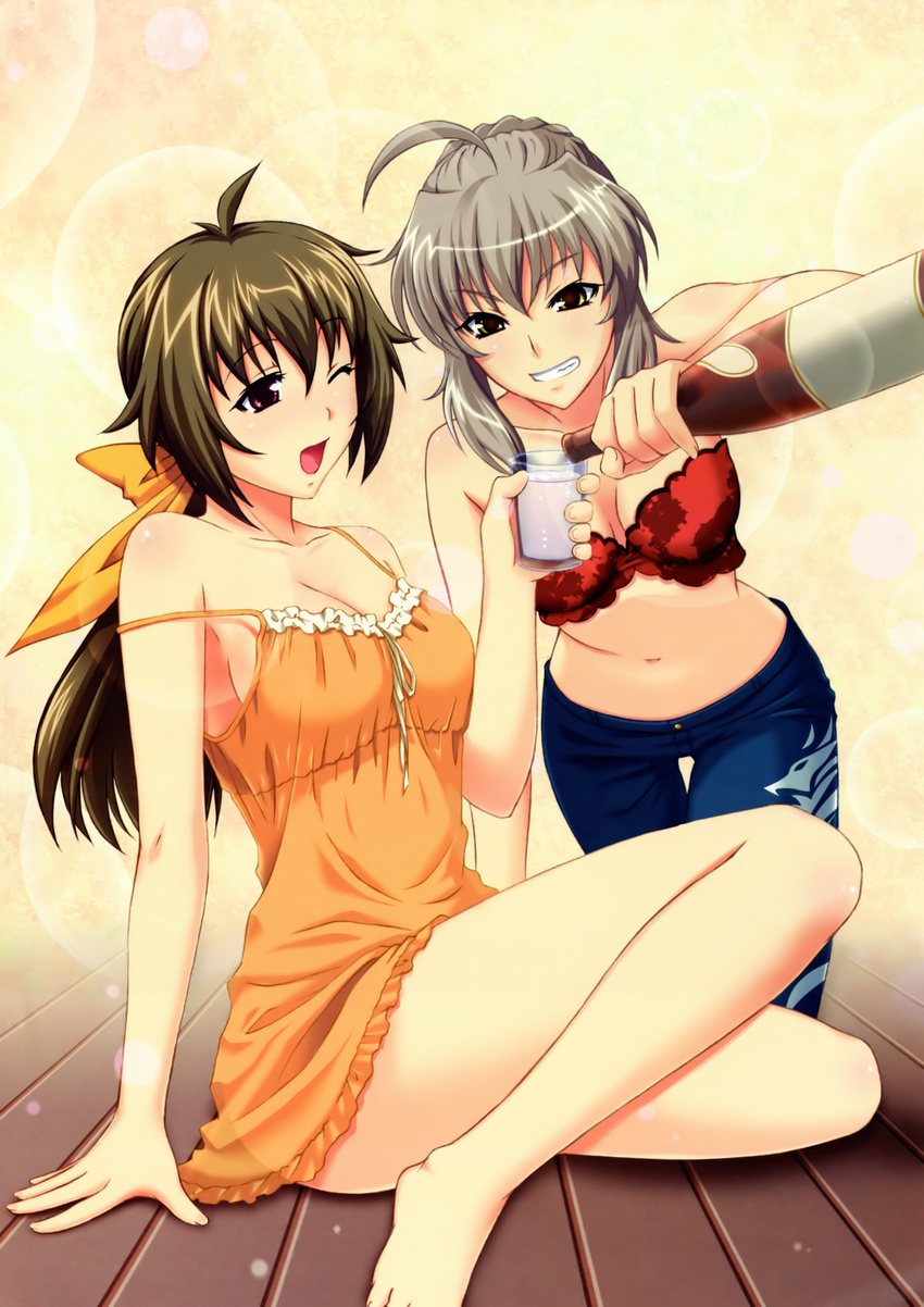 absurdres akai_ito aoi_hanako aoi_shiro asama_sakuya barefoot bra brown_hair camisole crossover drunk grin hands highres lingerie midriff multiple_girls navel one_eye_closed smile strap_slip underwear yasaka_minato