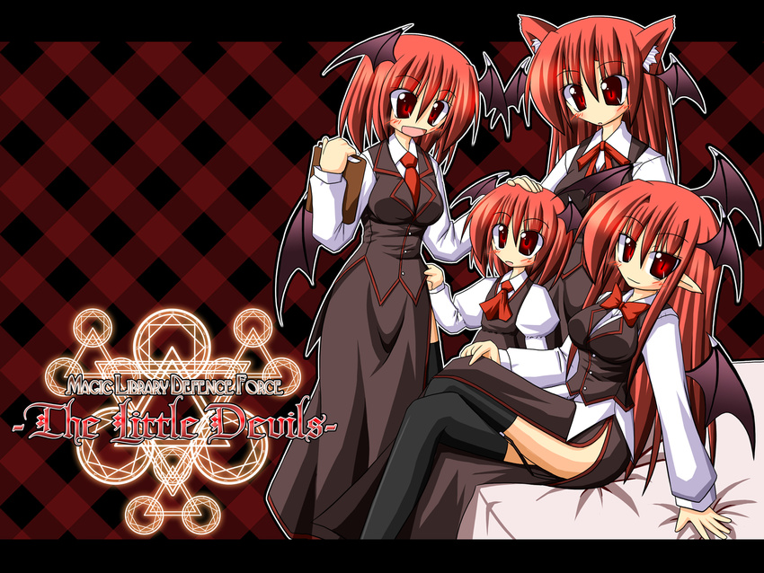 alternate_hairstyle animal_ears ascot bat_wings bed black_legwear blush bow bowtie cat_ears child clone crossed_legs dress_shirt garter_straps hand_on_another's_head head_wings highres ichidai_taisa juliet_sleeves kemonomimi_mode koakuma logo long_hair long_sleeves magic_circle multiple_girls multiple_persona neck_ribbon necktie outline pointy_ears puffy_sleeves red_bow red_eyes red_hair red_neckwear ribbon shirt short_hair side_slit sitting standing thighhighs touhou wallpaper white_shirt wings
