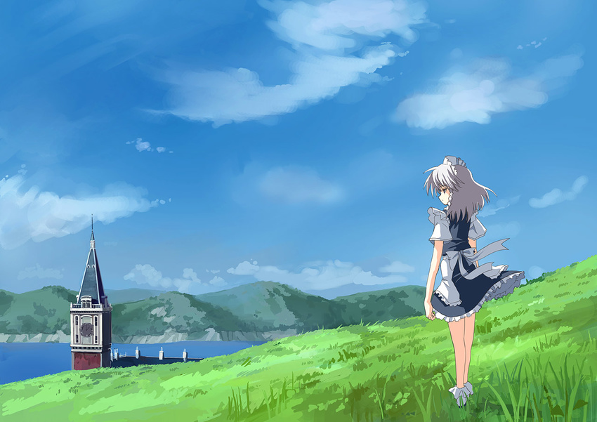 braid cloud day izayoi_sakuya misty_lake scarlet_devil_mansion seo_tatsuya short_hair silver_hair sky solo touhou twin_braids