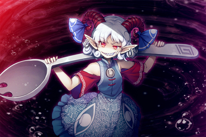 1girl bare_shoulders blue_dress blue_ribbon chima_q commentary curled_horns curly_hair dress earrings eyebrows_visible_through_hair grin hoop_earrings horn_ornament horn_ribbon horns jewelry looking_at_viewer oversized_clothes pointy_ears red_eyes ribbon sharp_teeth short_hair smile solo spork teeth touhou toutetsu_yuuma uneven_eyes v-shaped_eyebrows white_hair