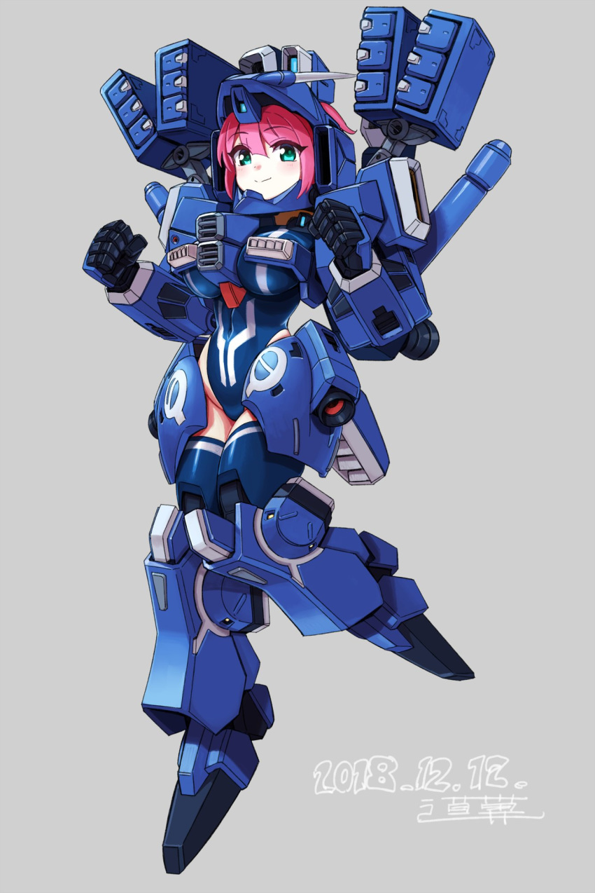1girl armor breasts commentary_request dated full_body green_eyes grey_background gundam gundam_mk_v gundam_sentinel highres large_breasts leotard looking_at_viewer mecha_musume michi_kuso missile_pod pink_hair short_hair signature simple_background smile solo standing thrusters