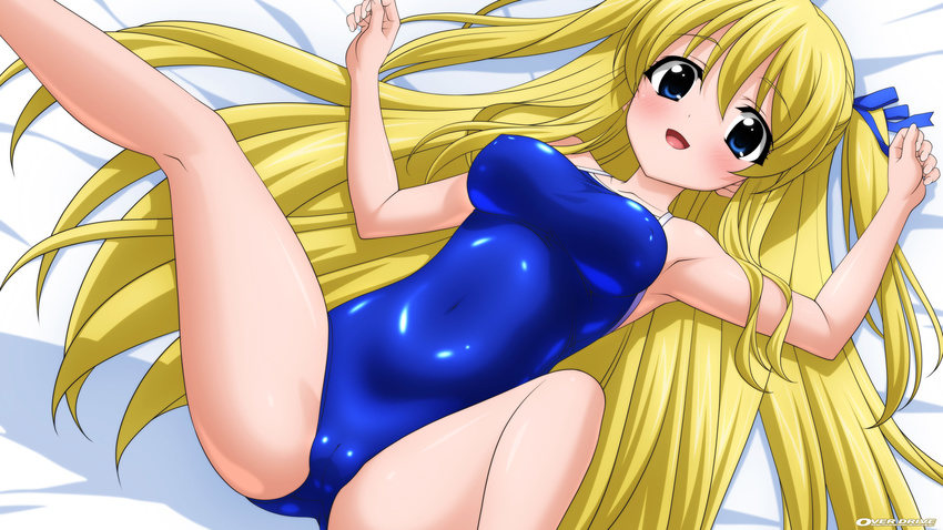 absurdres blonde_hair blue_eyes competition_school_swimsuit hair_ribbon highres long_hair lying one-piece_swimsuit original ribbon school_swimsuit solo sugimura_tomokazu swimsuit twintails two_side_up