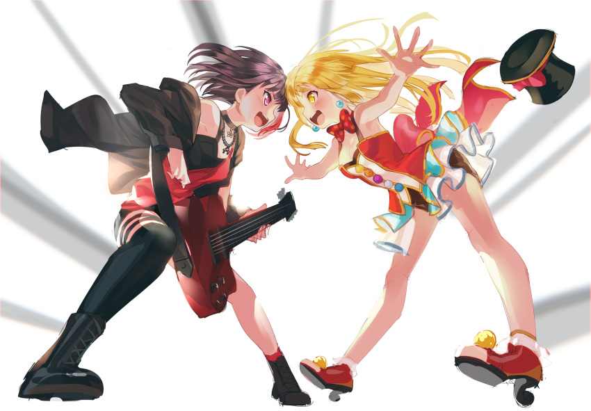 2girls :d bang_dream! black_footwear black_hair black_hat black_jacket black_legwear black_shorts black_tank_top blonde_hair boots bow bowtie earrings electric_guitar emphasis_lines eye_contact face-to-face guitar hat hat_bow hat_removed headwear_removed high_heels highres hood hood_down hooded_jacket instrument izu_(izzzzz27) jacket jewelry long_hair looking_at_another mitake_ran multicolored_hair multiple_girls off_shoulder open_mouth outstretched_arms polka_dot polka_dot_background pom_pom_(clothes) purple_eyes red_bow red_footwear red_hair red_neckwear short_hair short_shorts shorts showgirl_skirt single_strap single_thighhigh smile spread_arms spread_legs standing streaked_hair thigh_strap thighhighs top_hat tsurumaki_kokoro yellow_eyes