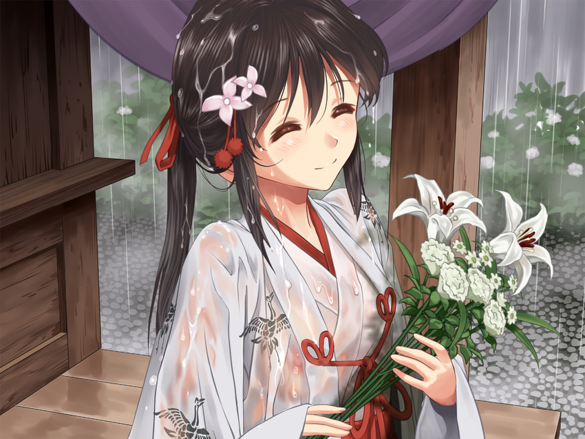 bird black_hair blush bouquet chihaya_(clothing) closed_eyes covered_nipples crane_(animal) flower haiero_(splashgirl) hair_between_eyes hair_flower hair_ornament hair_ribbon hakama highres japanese_clothes kimono long_hair miko nipples no_bra original ponytail rain red_hakama ribbon see-through smile solo wet wet_clothes wide_sleeves