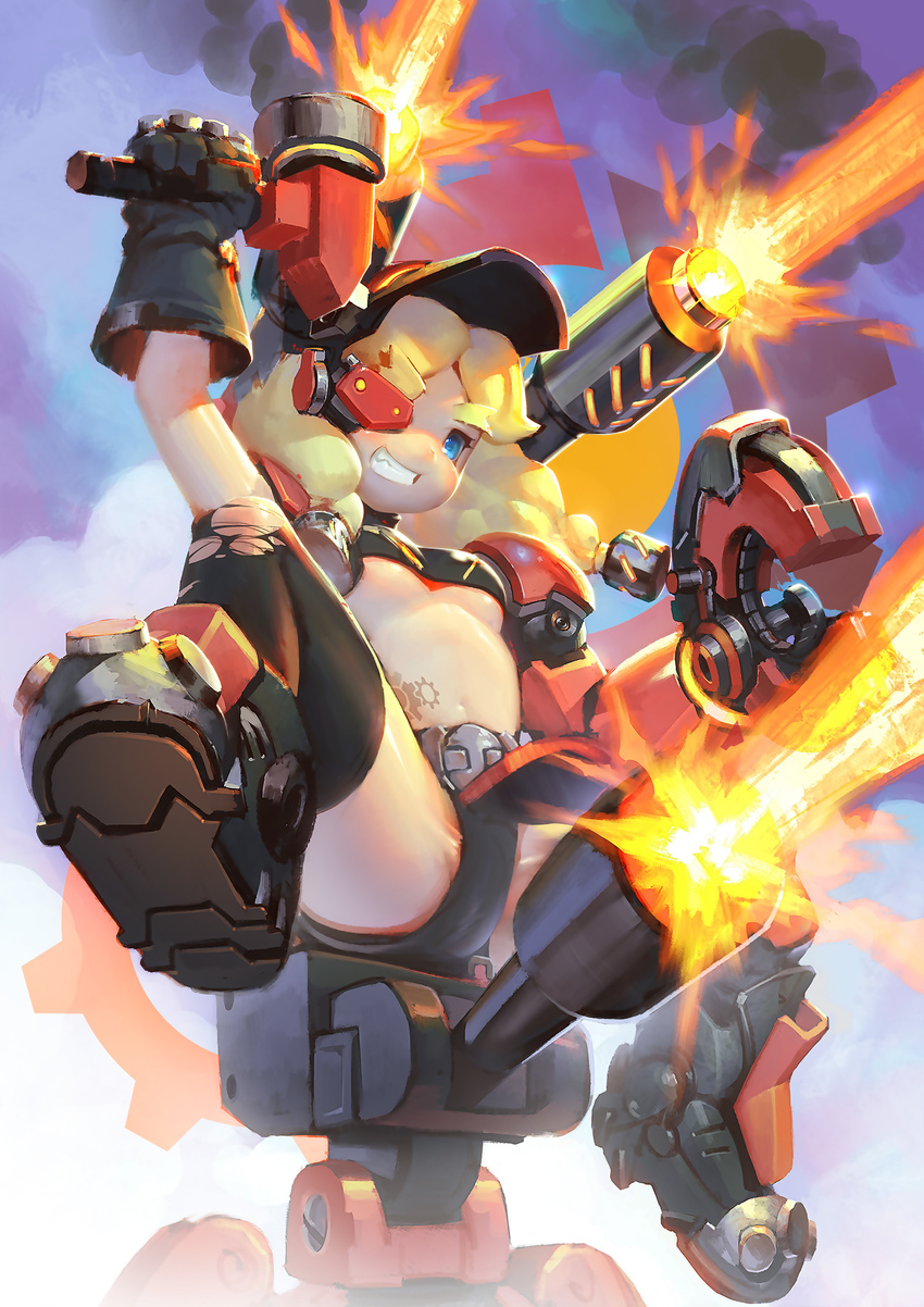 belt black_legwear blonde_hair blue_eyes boots braid breasts crop_top firing genderswap genderswap_(mtf) gloves grin hammer highres long_hair midriff overwatch sitting small_breasts smile solo spread_legs straddling thighhighs torbjorn_(overwatch) torn_clothes torn_legwear turret twin_braids underboob welding_mask xiao_duzi