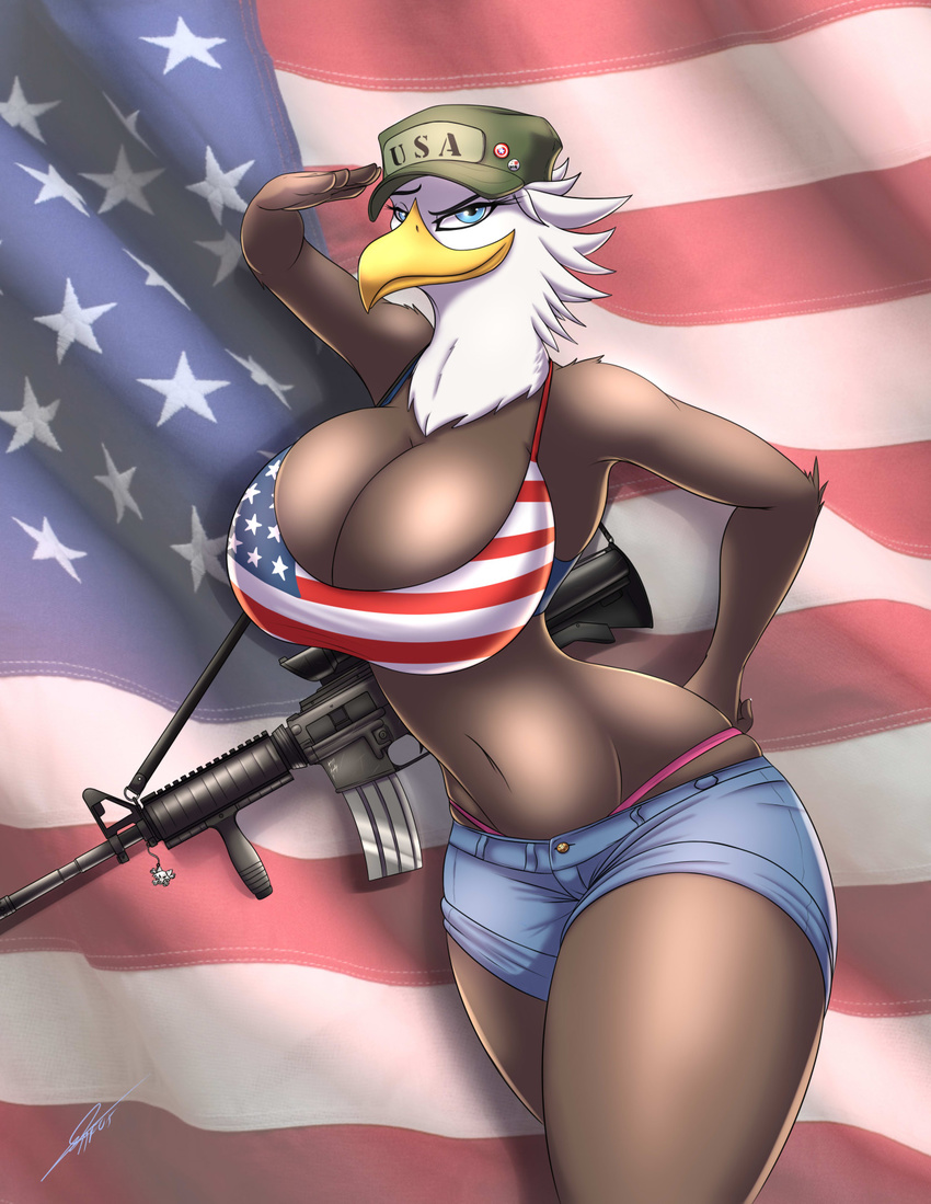 2016 anthro assault_rifle avian bald_eagle big_breasts bird bra breasts cleavage clothed clothing eagle female gun m4_carbine metalfoxxx ranged_weapon rifle salute shorts solo stars_and_stripes thong underwear united_states_of_america weapon