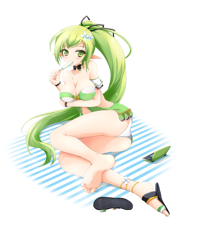 anklet bikini blush bracelet breasts cat_and_rabbit cleavage elsword flower food green_eyes hair_flower hair_ornament hair_ribbon handheld_game_console highres jewelry large_breasts long_hair pointy_ears popsicle rena_(elsword) ribbon sandals shoes single_shoe solo swimsuit wind_sneaker_(elsword)