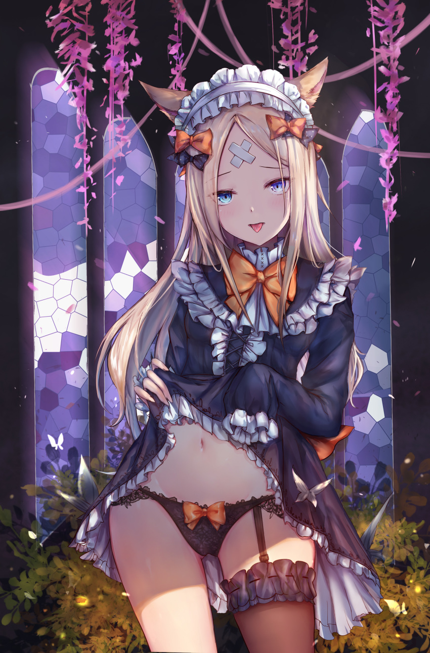 abigail_williams_(fate/grand_order) absurdres animal_ears ass_visible_through_thighs bandaid bandaid_on_face bangs black_bow black_dress black_legwear black_panties blonde_hair blue_eyes blush bow bowtie cat_ears commentary_request cowboy_shot dress dress_lift falling_leaves fate/grand_order fate_(series) frilled_dress frilled_legwear frills garter_straps gluteal_fold groin hair_bow hanging_plant head_tilt headdress highres indoors kemonomimi_mode leaf lifted_by_self long_hair long_sleeves looking_at_viewer luminous navel orange_bow orange_neckwear panties parted_bangs pink_ribbon plant polka_dot polka_dot_bow ribbon shade sidelocks single_thighhigh sleeves_past_fingers sleeves_past_wrists solo stained_glass standing stomach thighhighs tongue tongue_out underwear window
