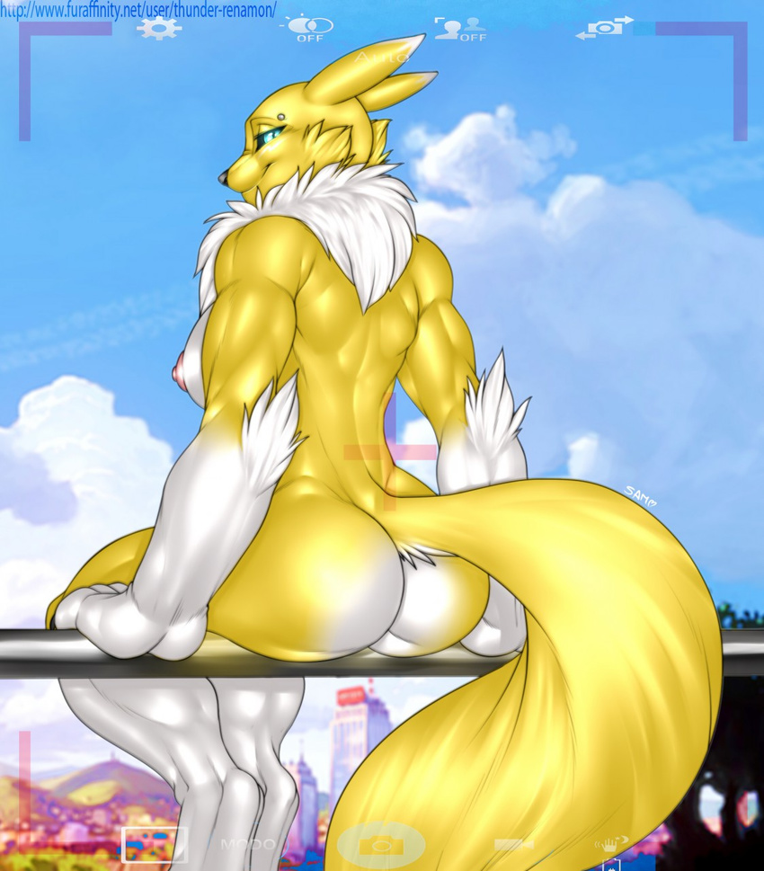 2016 anthro breasts butt canine digimon female fox fur mammal nipples renamon solo thunder-renamon white_fur yellow_fur