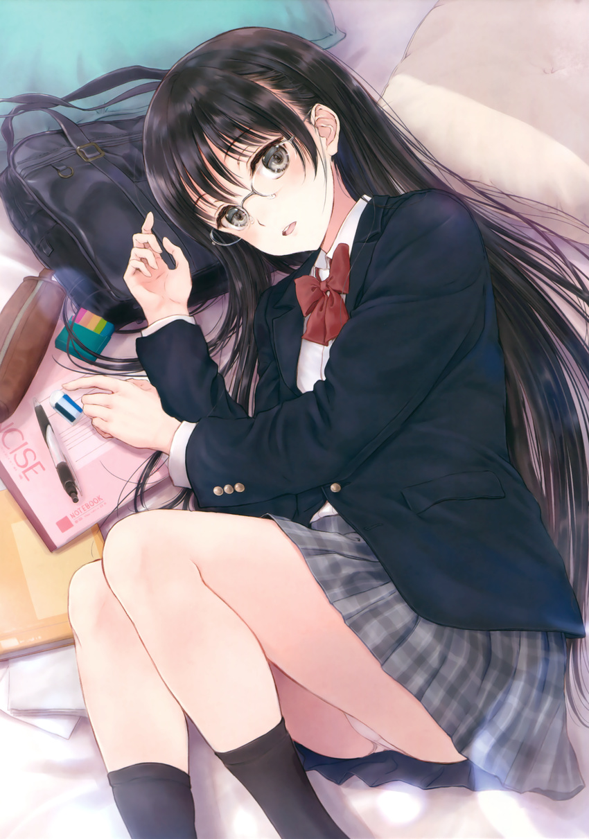 absurdres ass bag bangs black_eyes black_hair black_legwear blazer blush commentary_request eraser feet_out_of_frame fetal_position from_above fujita_hidetoshi glasses highres jacket kneehighs long_hair looking_at_viewer lying notebook on_side open_mouth original panties pantyshot pantyshot_(lying) pen pleated_skirt school_bag school_uniform skirt smile solo underwear white_panties